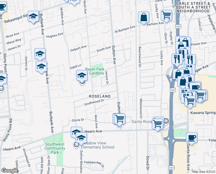 map of restaurants, bars, coffee shops, grocery stores, and more near 570 Debbie Dr in Santa Rosa