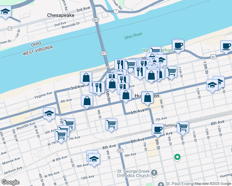 map of restaurants, bars, coffee shops, grocery stores, and more near 533 4th Avenue in Huntington
