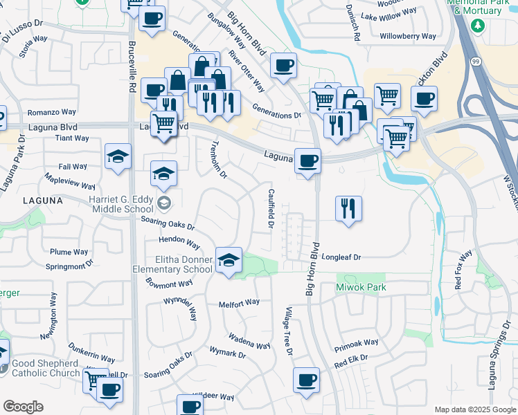map of restaurants, bars, coffee shops, grocery stores, and more near 9319 Trenholm Drive in Elk Grove
