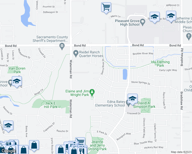 map of restaurants, bars, coffee shops, grocery stores, and more near 9387 Granite Falls Court in Elk Grove