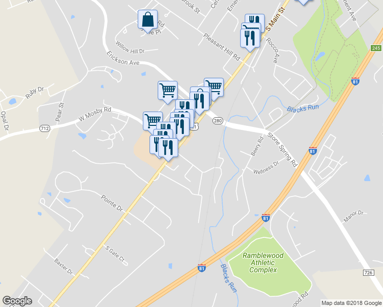 map of restaurants, bars, coffee shops, grocery stores, and more near 70 East Mosby Road in Harrisonburg