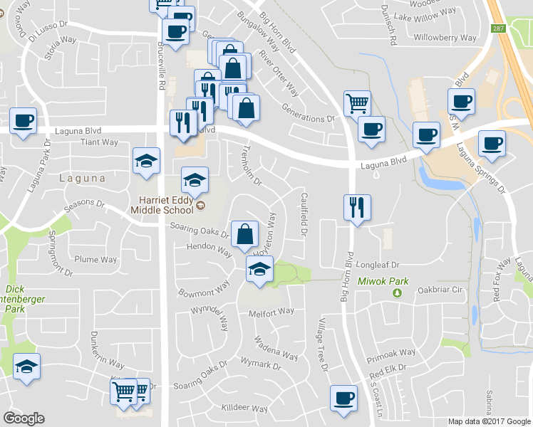 map of restaurants, bars, coffee shops, grocery stores, and more near 9304 Hoyleton Way in Elk Grove