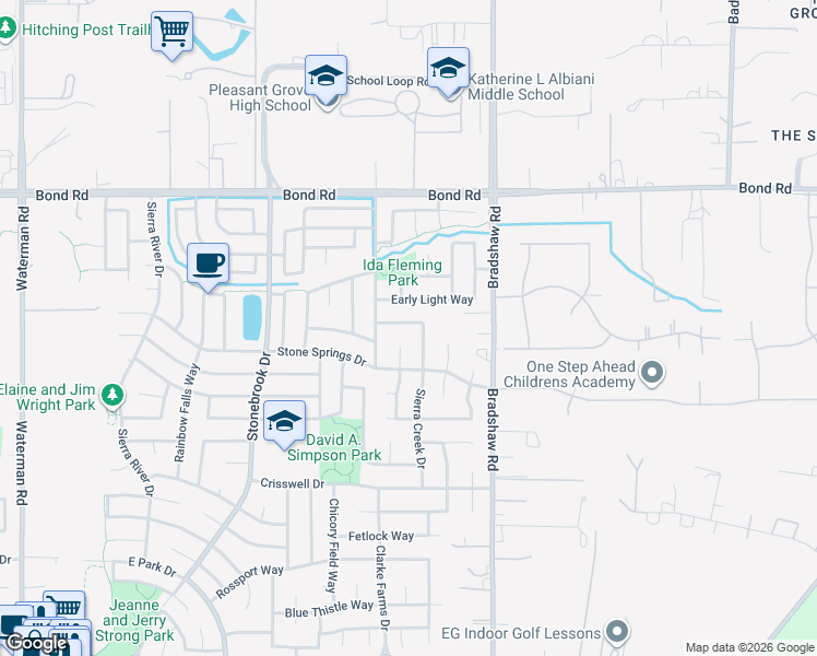 map of restaurants, bars, coffee shops, grocery stores, and more near 9320 Sierra Creek Drive in Elk Grove
