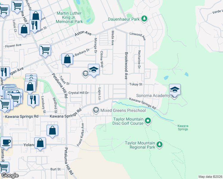 map of restaurants, bars, coffee shops, grocery stores, and more near 2433 Jadeite Way in Santa Rosa