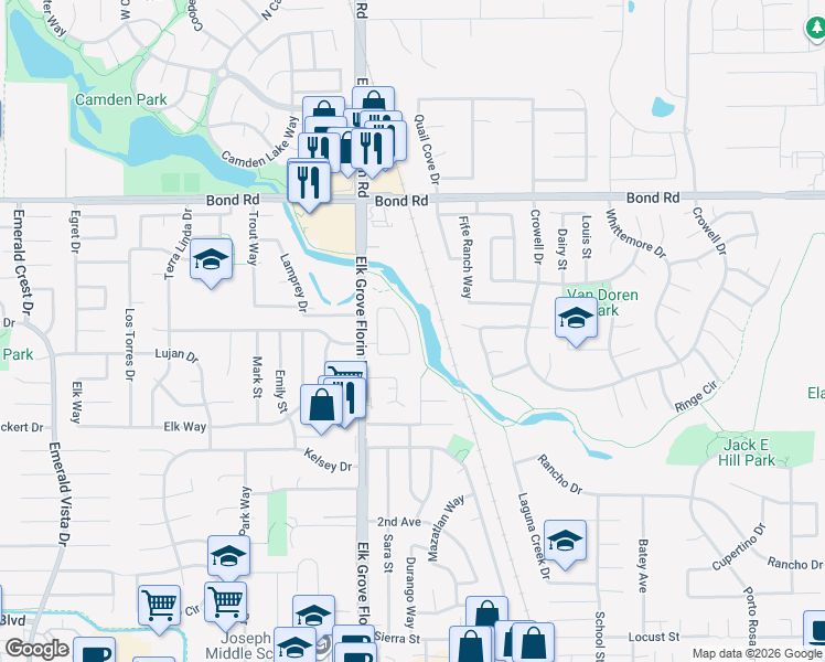 map of restaurants, bars, coffee shops, grocery stores, and more near 9360 Aizenberg Circle in Elk Grove