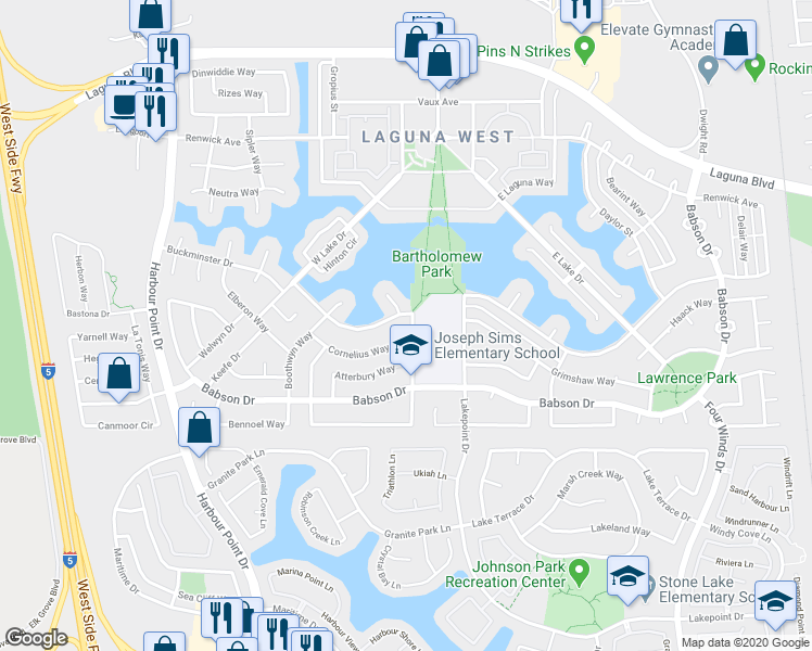 map of restaurants, bars, coffee shops, grocery stores, and more near 3012 Buckminster Drive in Elk Grove