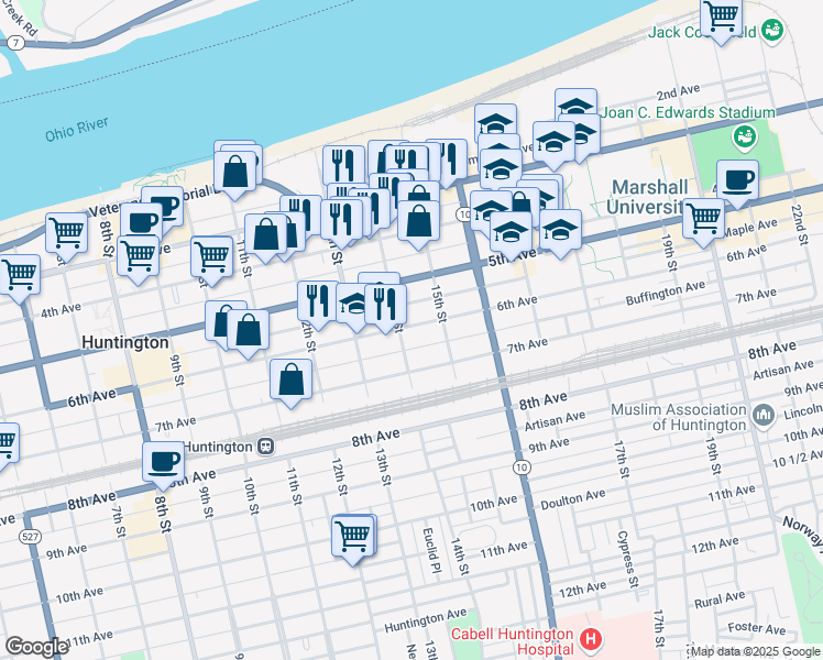 map of restaurants, bars, coffee shops, grocery stores, and more near 1411 6th Ave in Huntington