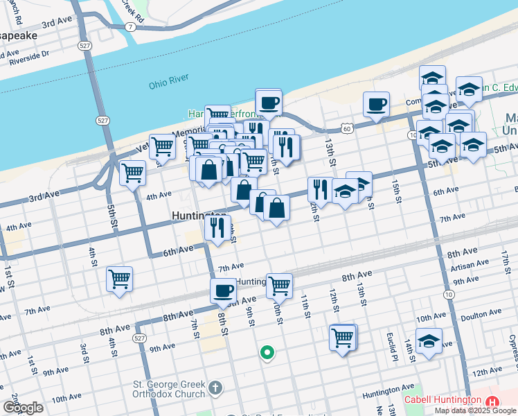map of restaurants, bars, coffee shops, grocery stores, and more near 1001 5th Ave in Huntington