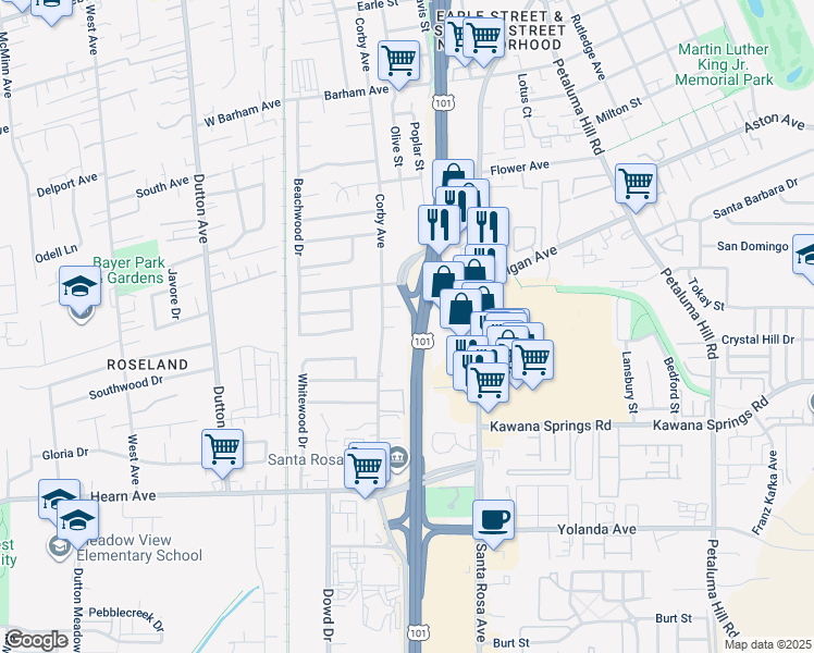 map of restaurants, bars, coffee shops, grocery stores, and more near 2104 Corby Avenue in Santa Rosa