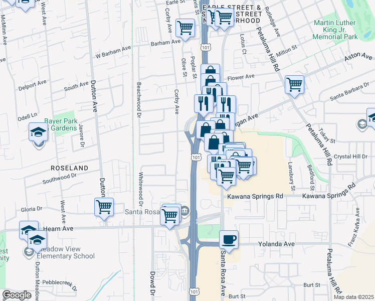 map of restaurants, bars, coffee shops, grocery stores, and more near 2104 Corby Avenue in Santa Rosa
