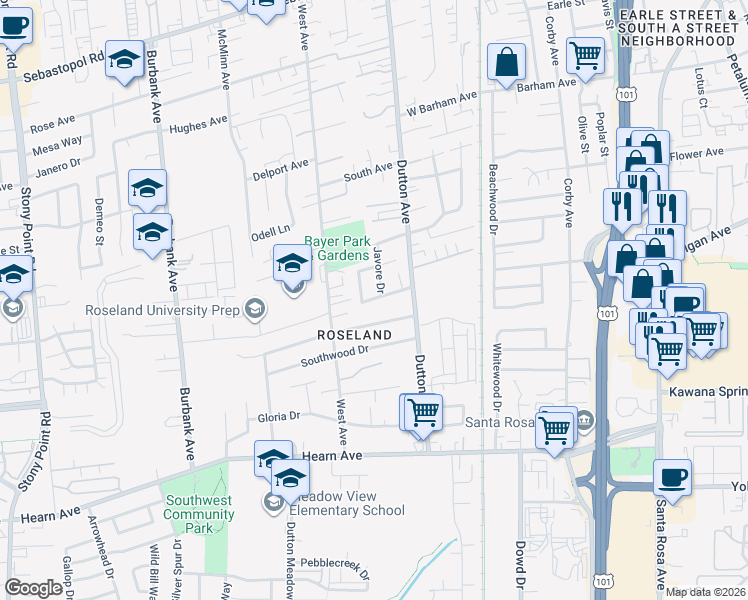 map of restaurants, bars, coffee shops, grocery stores, and more near 570 Debbie Drive in Santa Rosa