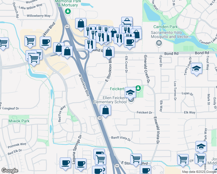 map of restaurants, bars, coffee shops, grocery stores, and more near 9299 East Stockton Boulevard in Elk Grove