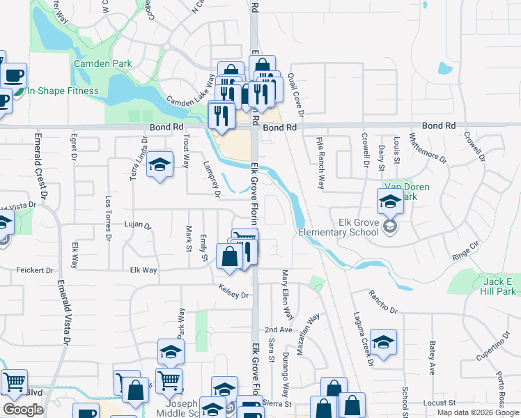map of restaurants, bars, coffee shops, grocery stores, and more near 9310 Aizenberg Circle in Elk Grove