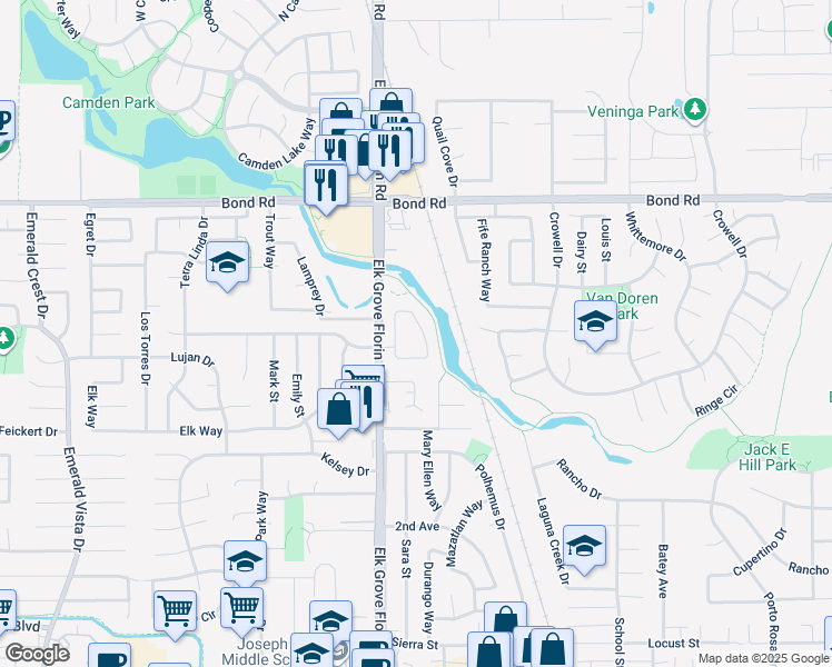 map of restaurants, bars, coffee shops, grocery stores, and more near 9411 Aizenberg Circle in Elk Grove