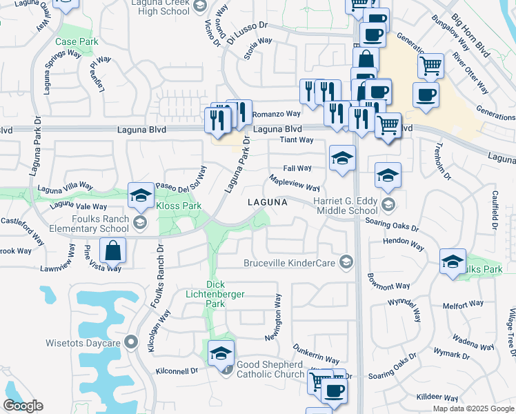 map of restaurants, bars, coffee shops, grocery stores, and more near 9300 Cassaro Court in Elk Grove