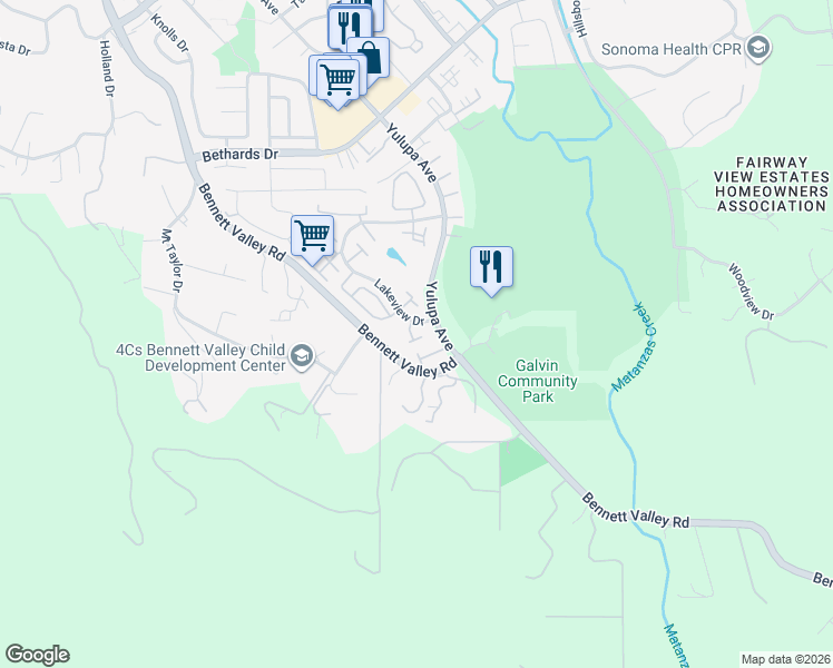 map of restaurants, bars, coffee shops, grocery stores, and more near 2755 Lakeview Drive in Santa Rosa