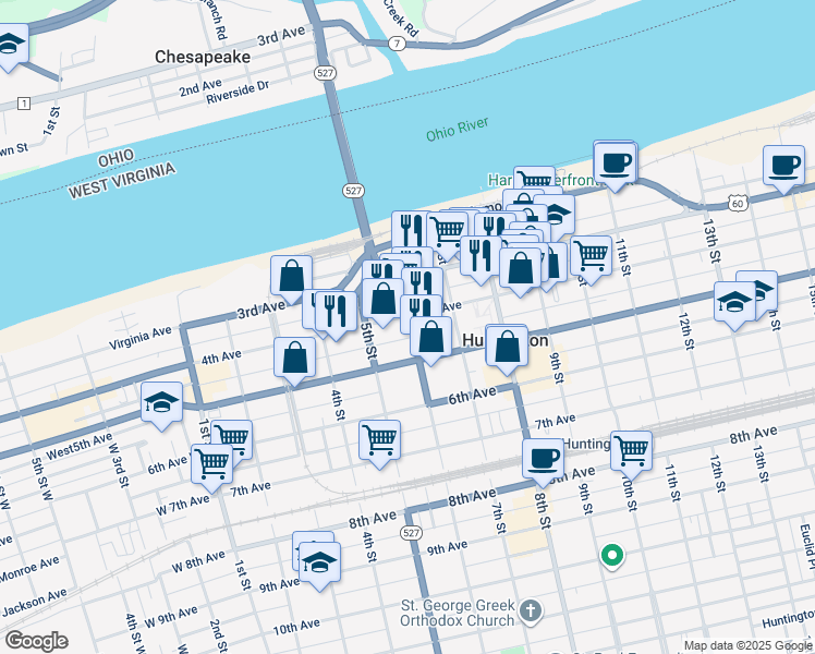 map of restaurants, bars, coffee shops, grocery stores, and more near 411 6th Street in Huntington