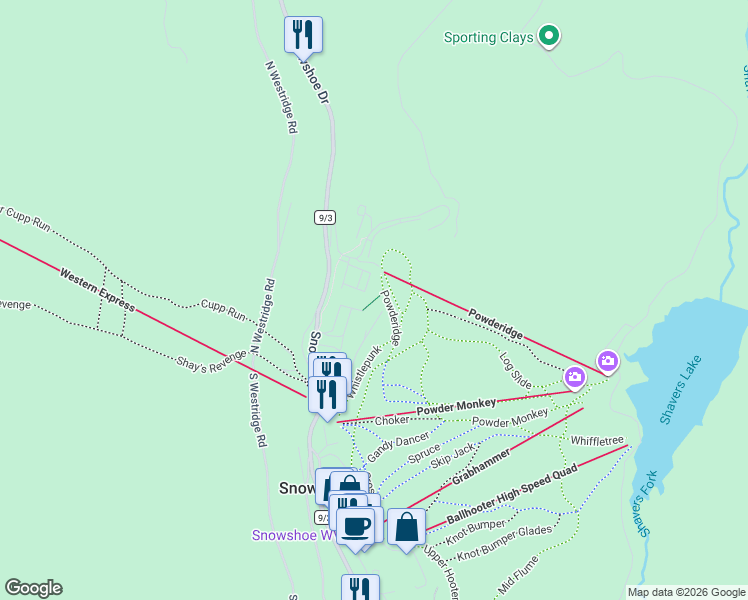 map of restaurants, bars, coffee shops, grocery stores, and more near Shamrock Condos to Powderidge Run in Snowshoe