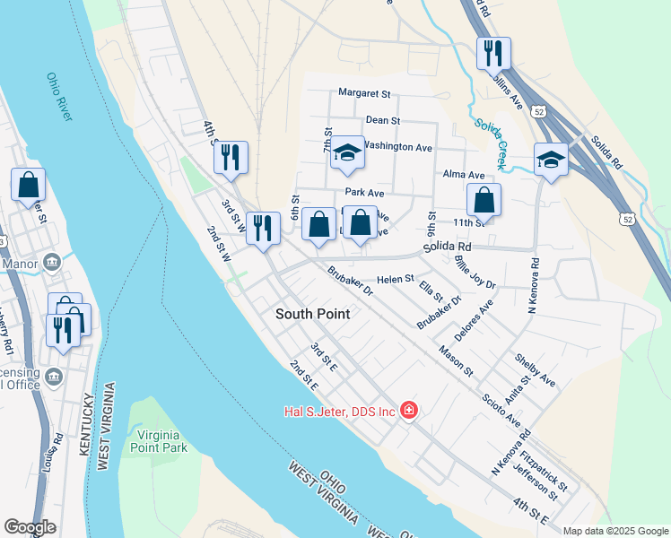 map of restaurants, bars, coffee shops, grocery stores, and more near 1 Brubaker Drive in South Point
