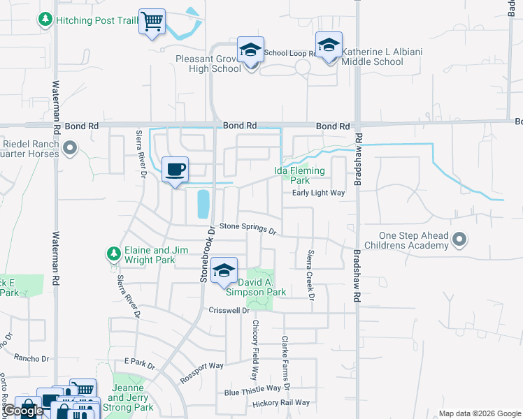 map of restaurants, bars, coffee shops, grocery stores, and more near 9565 Spring River Way in Elk Grove