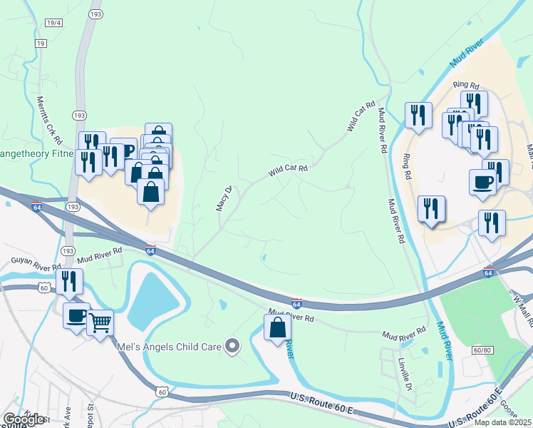 map of restaurants, bars, coffee shops, grocery stores, and more near 14 Country Oaks Dr in Barboursville