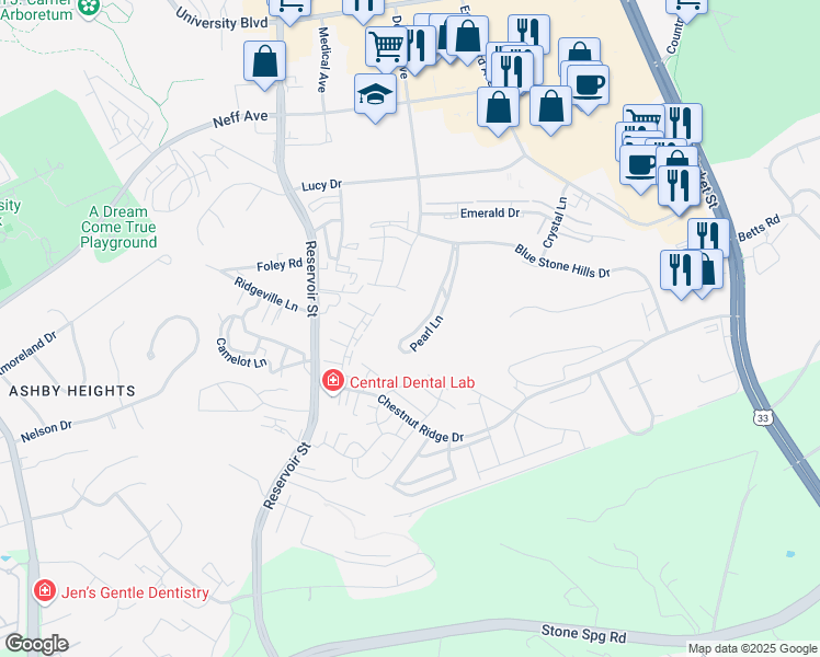 map of restaurants, bars, coffee shops, grocery stores, and more near 2233 Pearl Lane in Harrisonburg