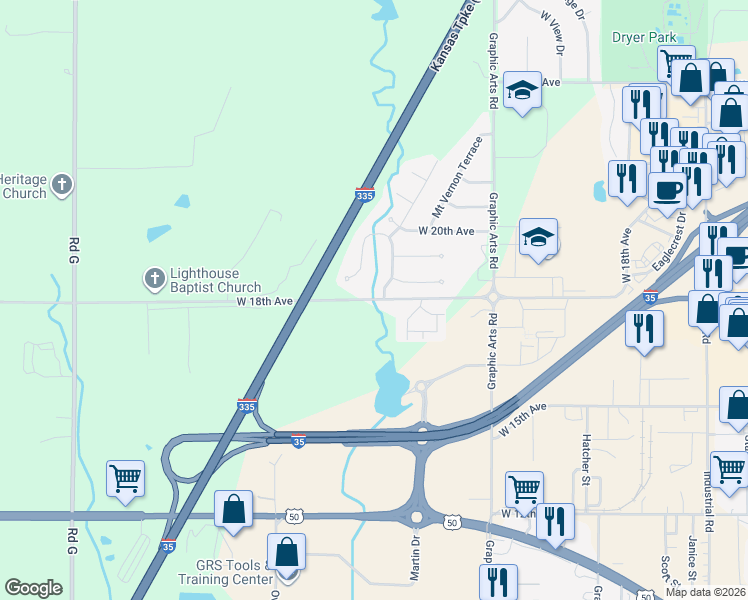 map of restaurants, bars, coffee shops, grocery stores, and more near 3765 West 18th Avenue in Emporia