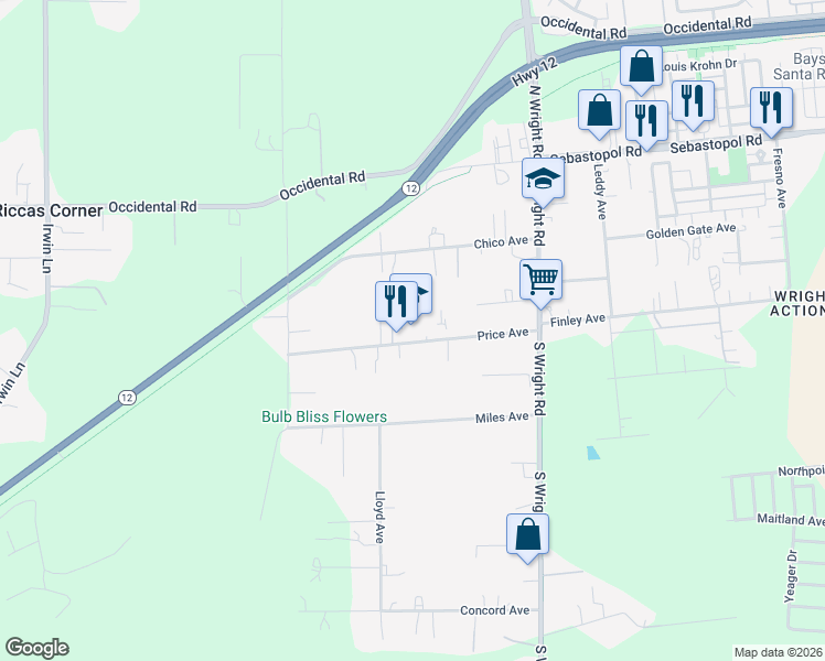 map of restaurants, bars, coffee shops, grocery stores, and more near 4389 Price Avenue in Santa Rosa