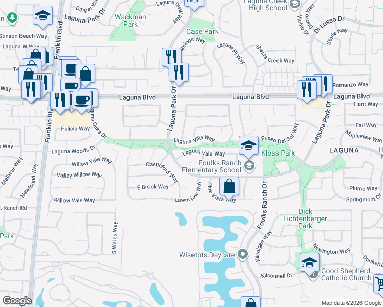 map of restaurants, bars, coffee shops, grocery stores, and more near 9300 Grassy Knoll Way in Elk Grove