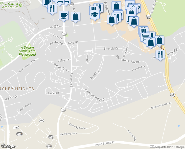 map of restaurants, bars, coffee shops, grocery stores, and more near 2233 Pearl Lane in Harrisonburg