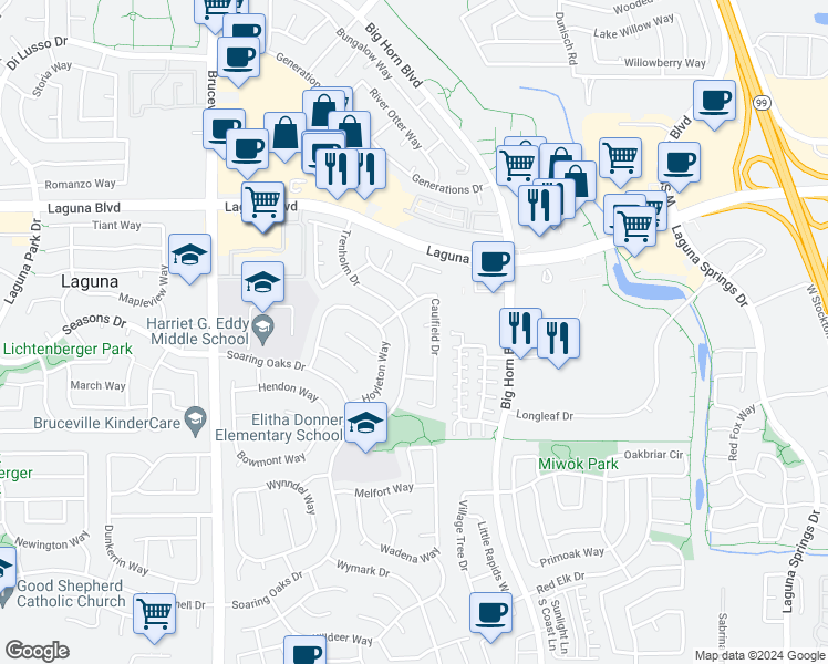 map of restaurants, bars, coffee shops, grocery stores, and more near 9317 Trenholm Drive in Elk Grove