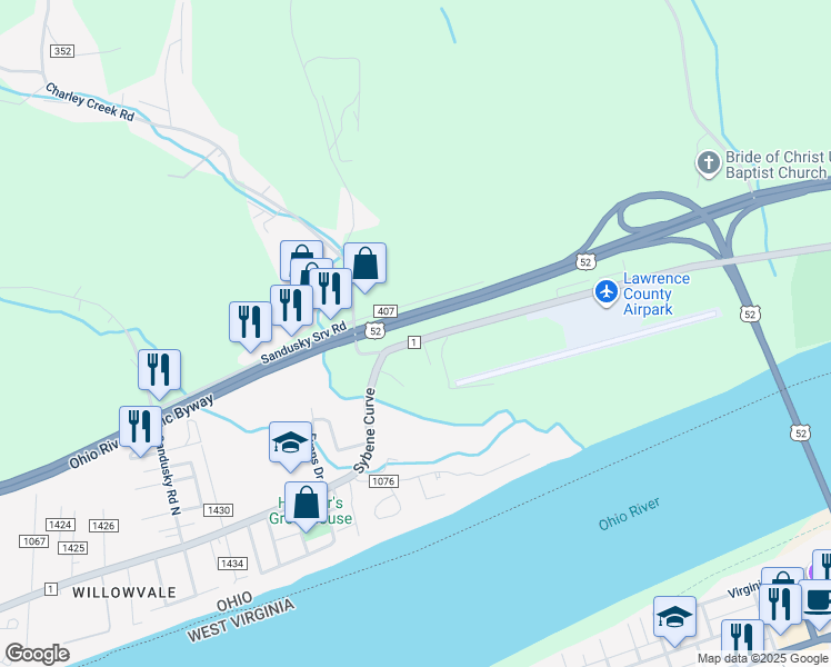 map of restaurants, bars, coffee shops, grocery stores, and more near 9231 County Road 1 in South Point