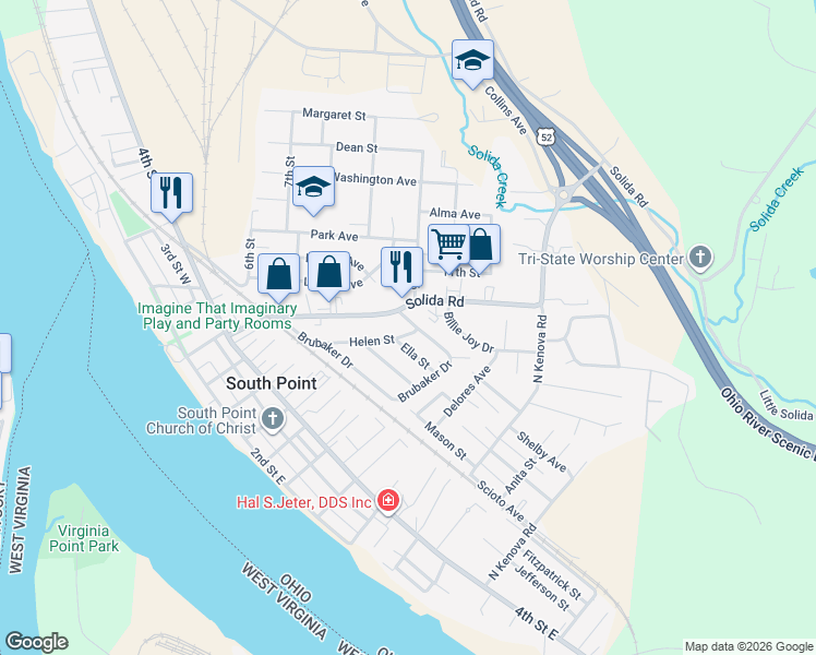 map of restaurants, bars, coffee shops, grocery stores, and more near 613 Brubaker Drive in South Point