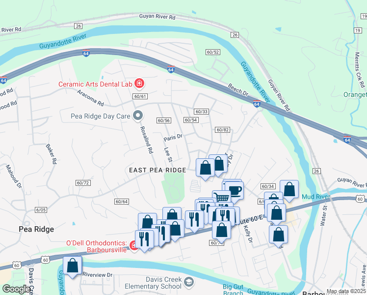 map of restaurants, bars, coffee shops, grocery stores, and more near 6211 East Gate Road in Huntington