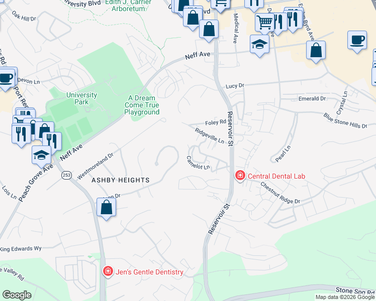 map of restaurants, bars, coffee shops, grocery stores, and more near 918 Camelot Lane in Harrisonburg