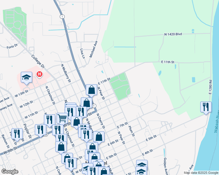map of restaurants, bars, coffee shops, grocery stores, and more near 1018 Plum Street in Mount Carmel