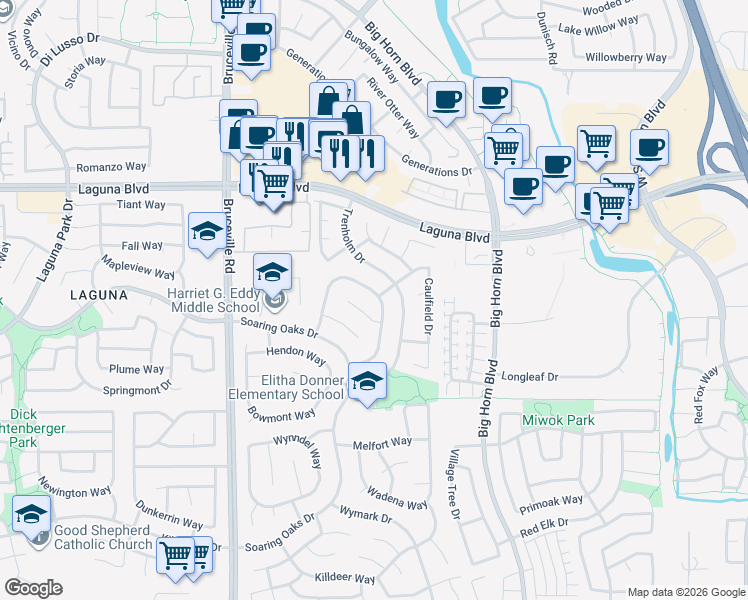 map of restaurants, bars, coffee shops, grocery stores, and more near 9304 Hoyleton Way in Elk Grove
