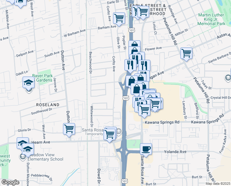 map of restaurants, bars, coffee shops, grocery stores, and more near 2104 Corby Avenue in Santa Rosa