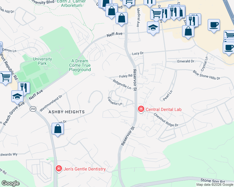 map of restaurants, bars, coffee shops, grocery stores, and more near 2345 Avalon Woods in Harrisonburg
