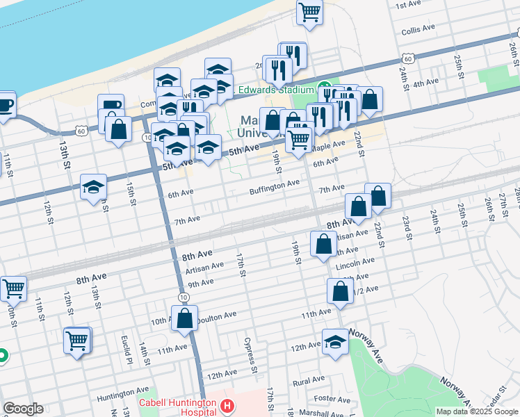 map of restaurants, bars, coffee shops, grocery stores, and more near 1751 7th Avenue in Huntington