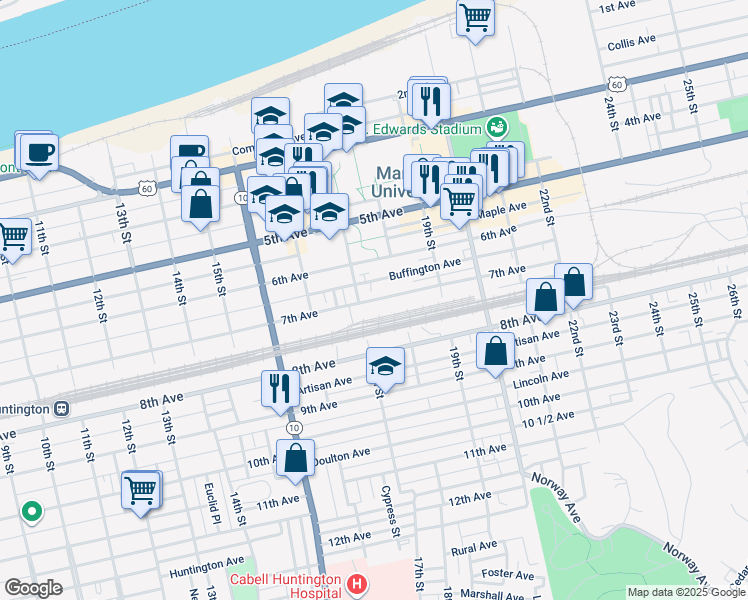 map of restaurants, bars, coffee shops, grocery stores, and more near 1701-3-05 7th Avenue in Huntington