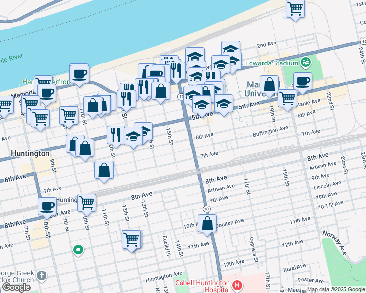map of restaurants, bars, coffee shops, grocery stores, and more near 1505 6th Avenue in Huntington