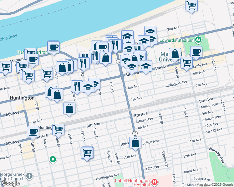 map of restaurants, bars, coffee shops, grocery stores, and more near 1505 6th Avenue in Huntington