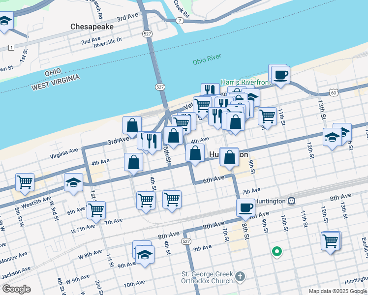 map of restaurants, bars, coffee shops, grocery stores, and more near 411 6th Street in Huntington