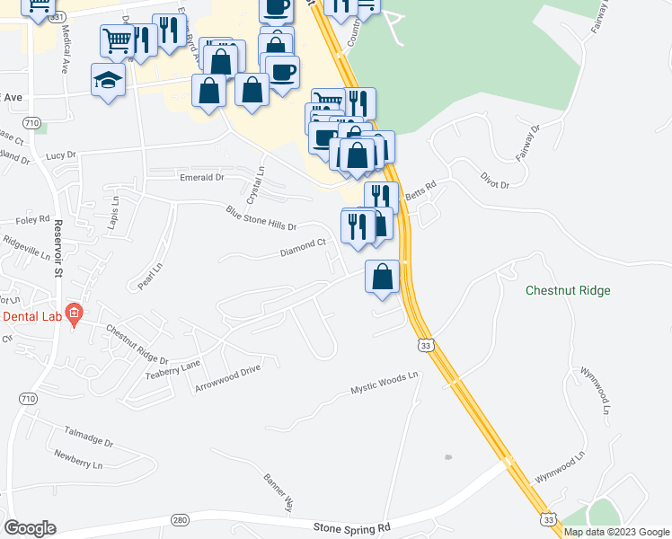 map of restaurants, bars, coffee shops, grocery stores, and more near 2335 Blue Stone Hills Drive in Harrisonburg