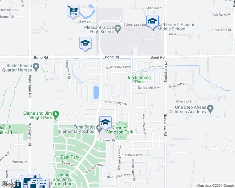 map of restaurants, bars, coffee shops, grocery stores, and more near 9561 Spring River Way in Elk Grove