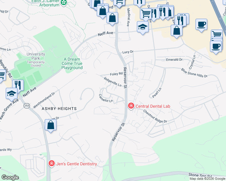 map of restaurants, bars, coffee shops, grocery stores, and more near 2345 Avalon Woods in Harrisonburg