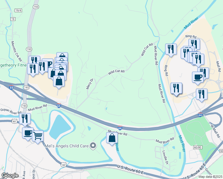 map of restaurants, bars, coffee shops, grocery stores, and more near 14 Country Oaks Drive in Barboursville