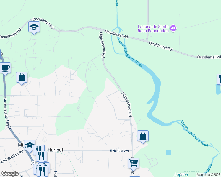 map of restaurants, bars, coffee shops, grocery stores, and more near 1498 High School Road in Sebastopol