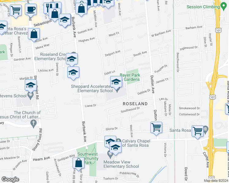 map of restaurants, bars, coffee shops, grocery stores, and more near 1934 Biwana Drive in Santa Rosa